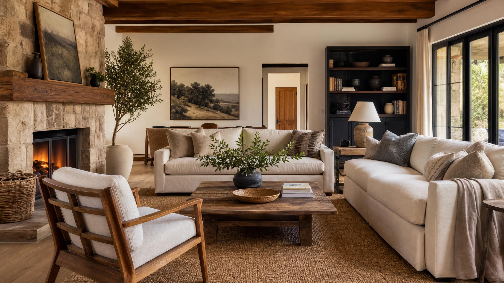 A cozy furniture arrangement in a living room emphasizing natural textures and inviting seating.