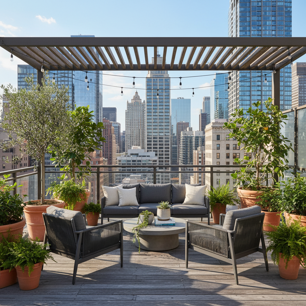 Image of an urban loft terrace with modern furniture and plants.