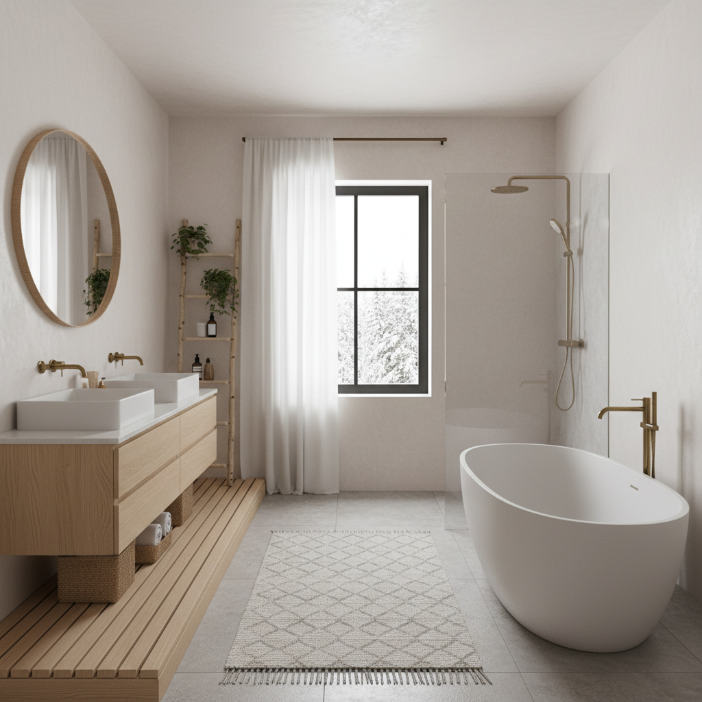 A serene Nordic bathroom showcasing neutral colors, natural wood finishes, and minimalistic design elements.