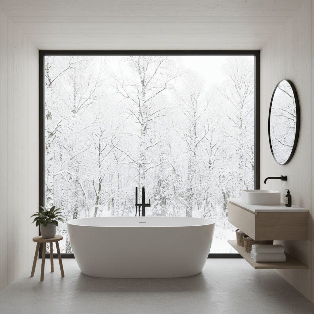An AI-generated image of a minimalist Nordic bathroom with a freestanding tub and large windows for natural light.