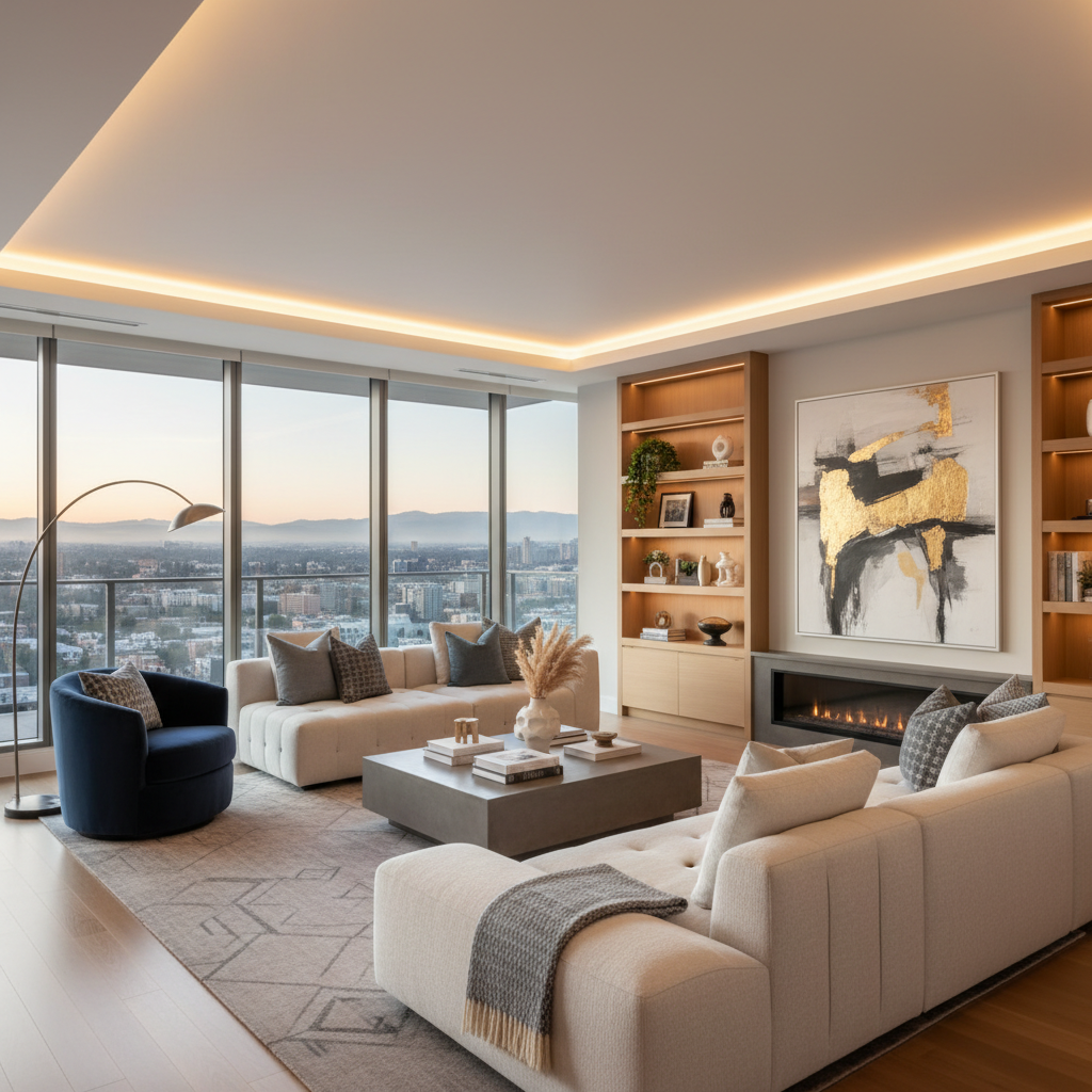 Stunning virtual staging example of a penthouse living room.