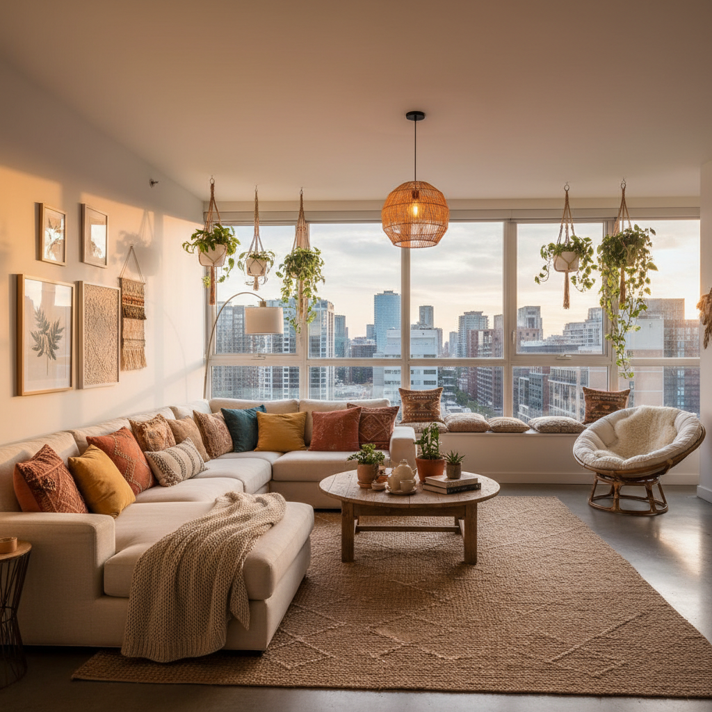 Example of a cozy bohemian style penthouse staging.