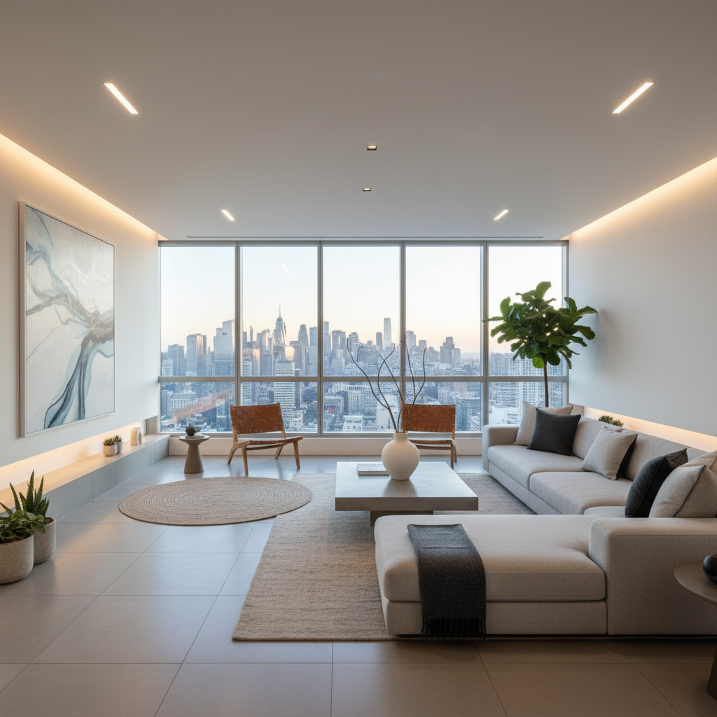 Modern minimalistic penthouse staging concept.