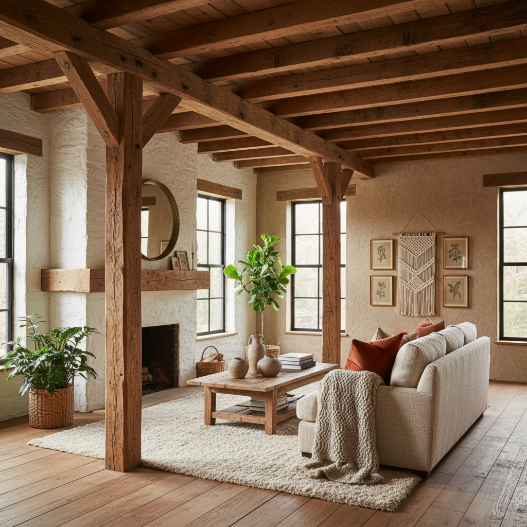An inviting rustic studio interior with wooden beams, natural textures, and warm colors