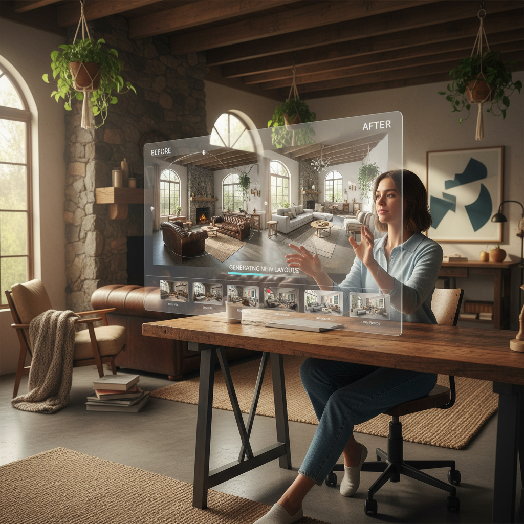 A user interacting with an AI interior design tool, showcasing a rustic studio layout