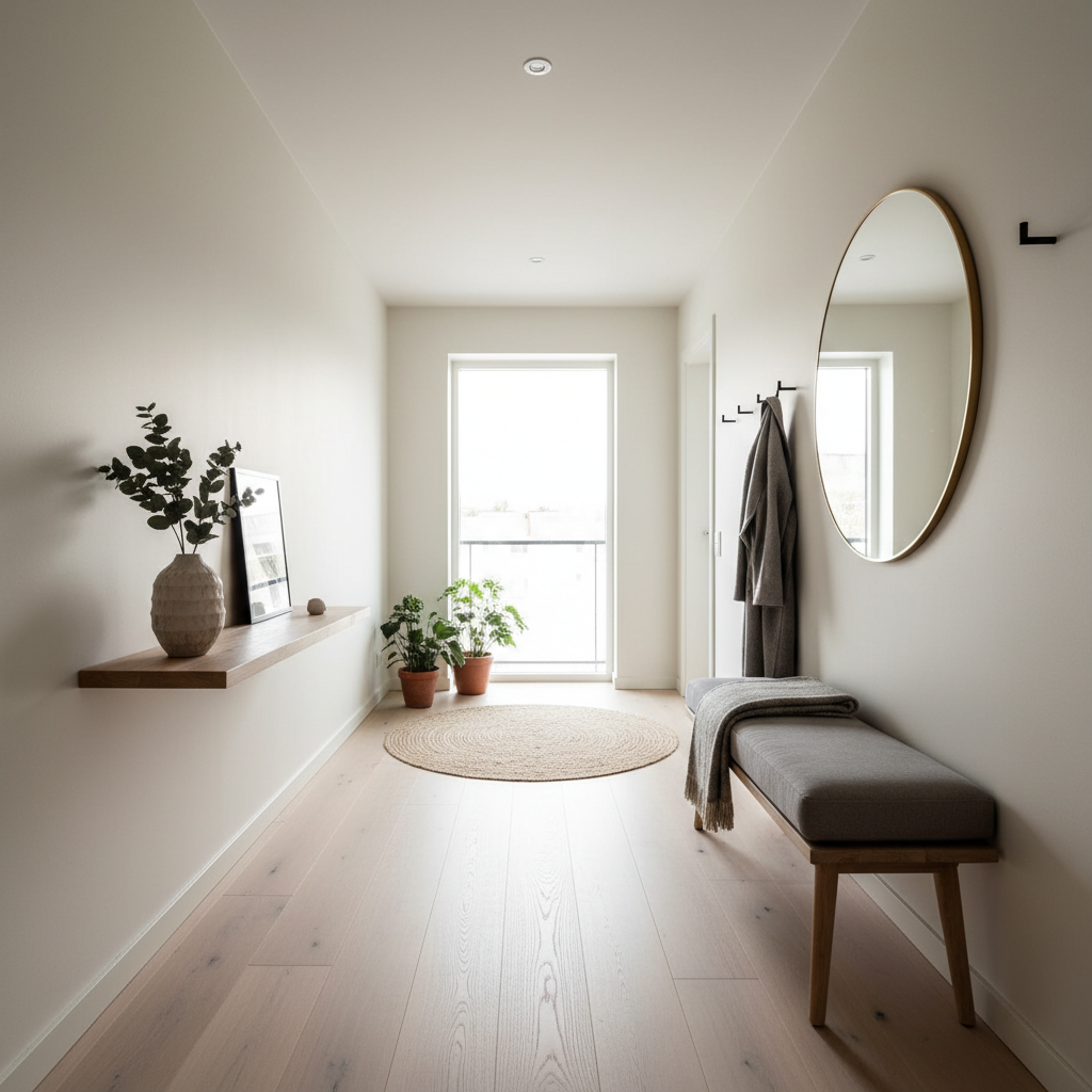 A beautifully staged Nordic hallway showcasing minimal decor, wood accents, and natural light.