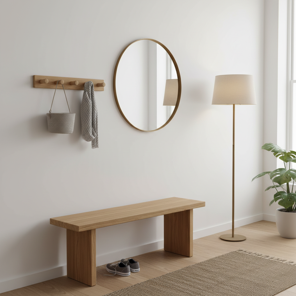 Functional Nordic furniture in a hallway, including a simple bench and wall hooks.