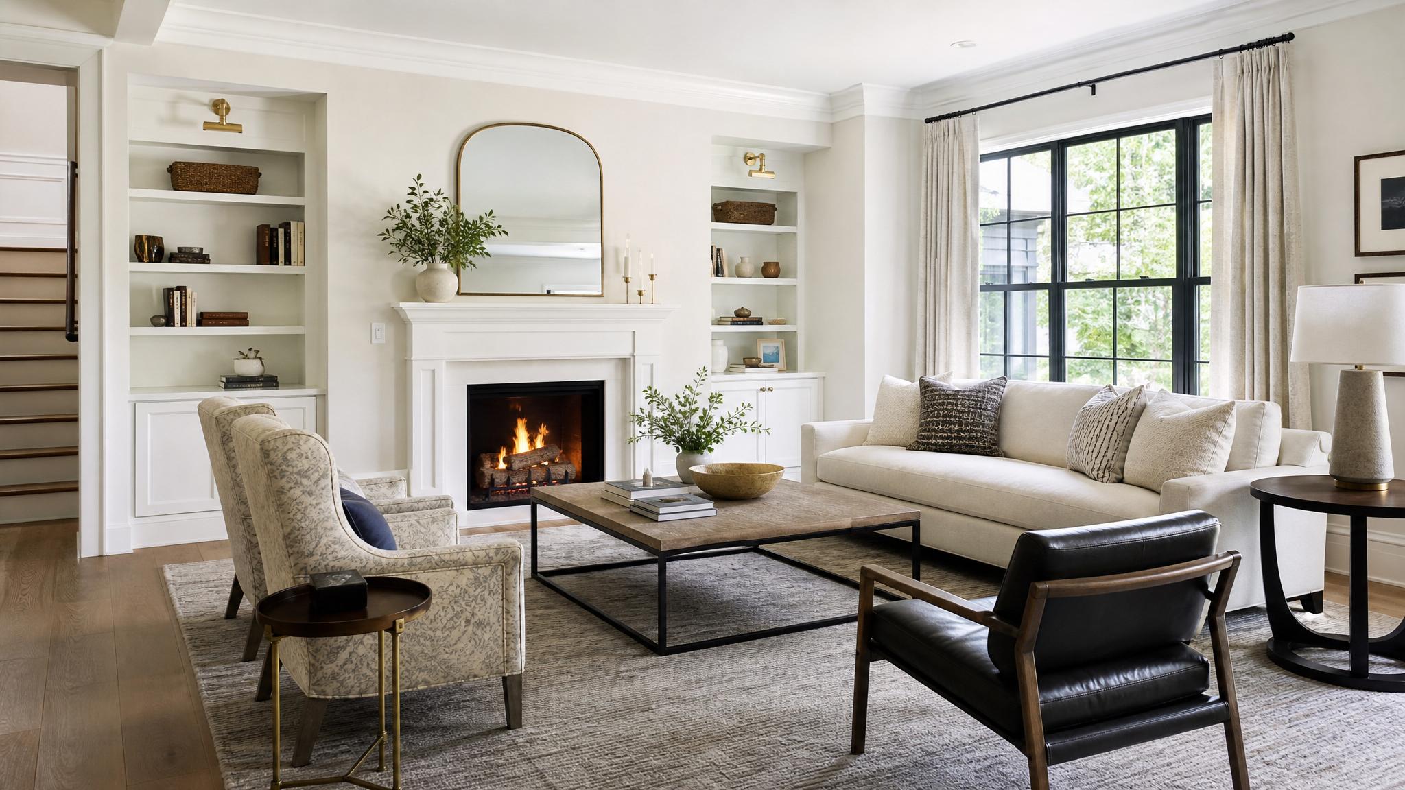 Image of a stylish transitional living room with a mix of traditional and modern furniture.