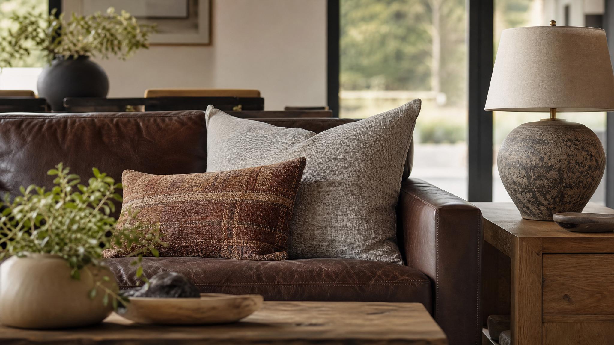 Close-up of layered textures in a living room; leather, wood, and fabric mix.