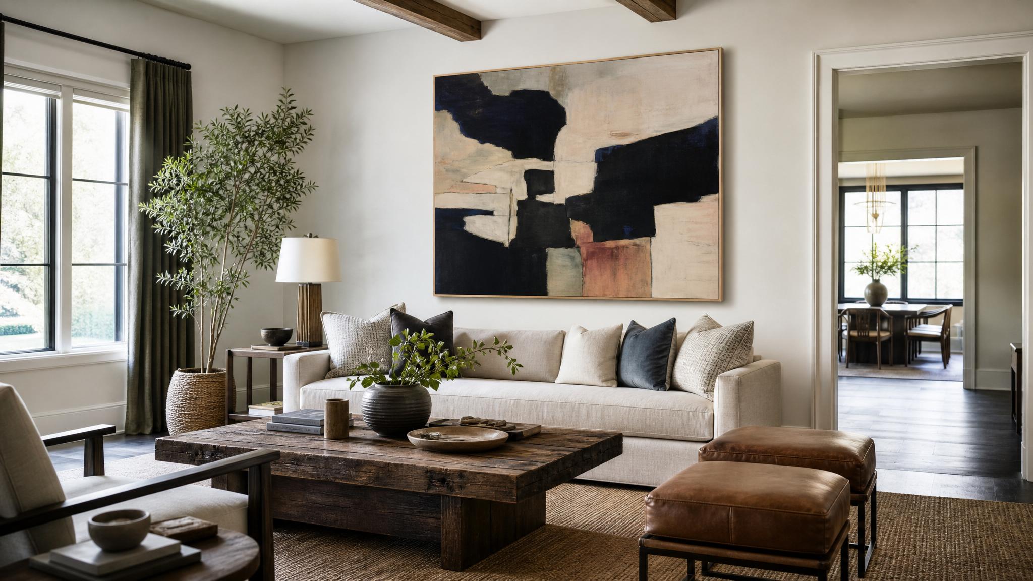 A contemporary art piece prominently displayed in a transitional living room.