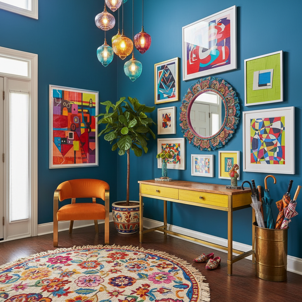 Eclectic entryway design showcasing vibrant colors and unique decor