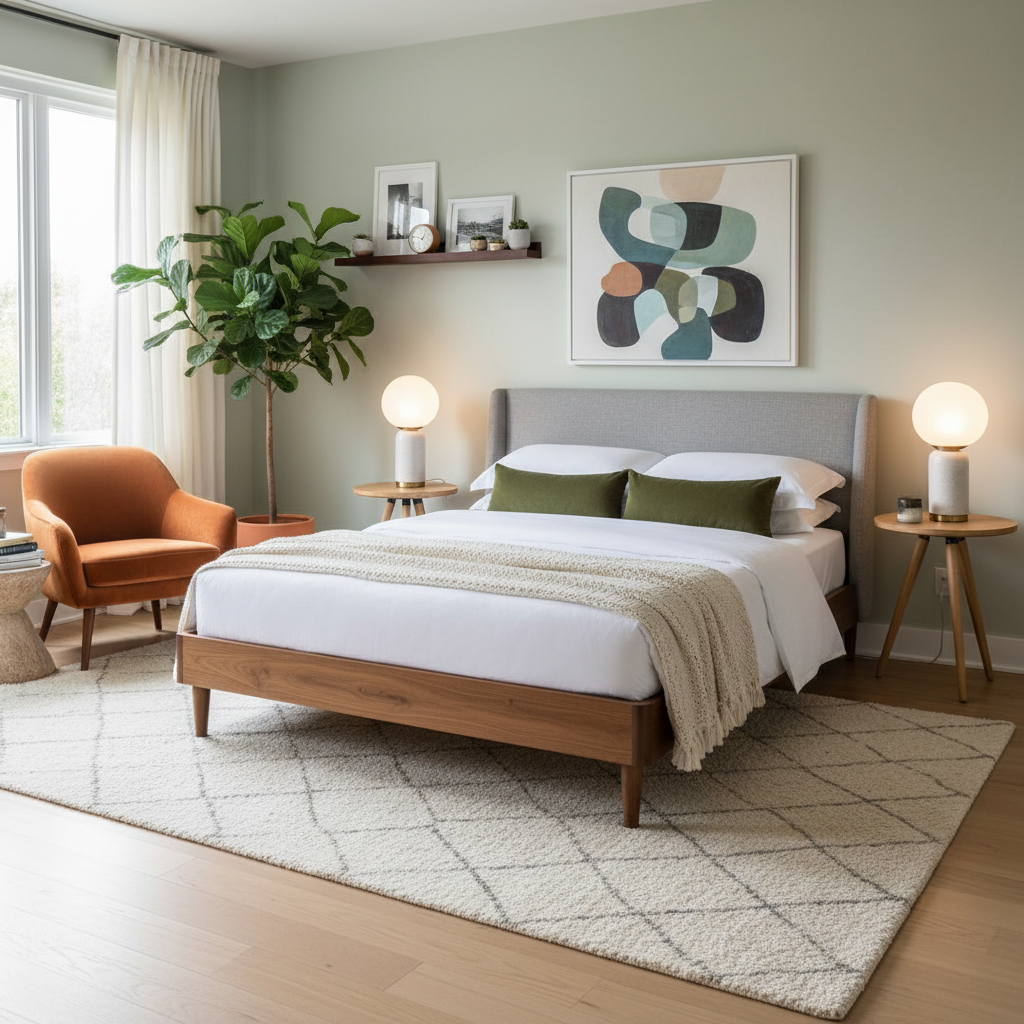 Image showcasing a stylish mid-century modern guest bedroom with elegant furniture and decor.