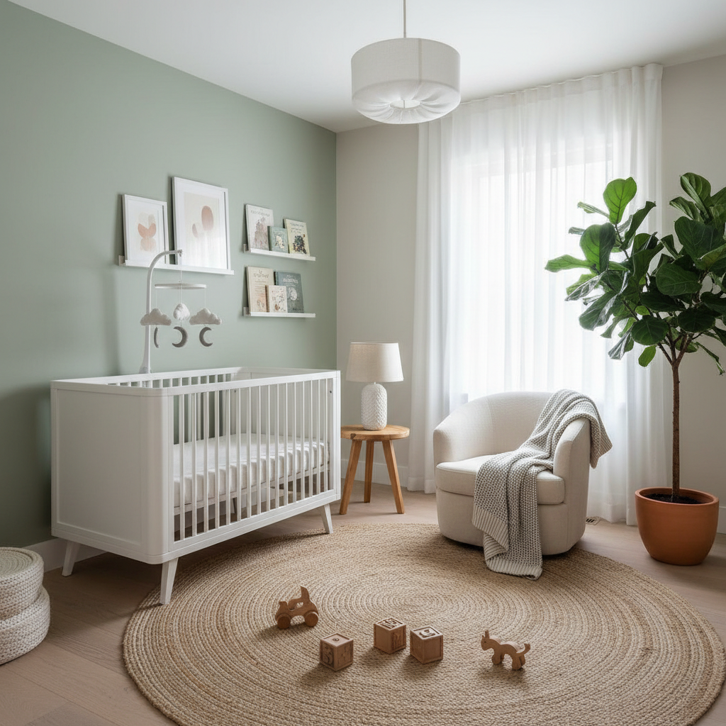 A serene, luxuriously designed nursery featuring soft colors and minimalist decor