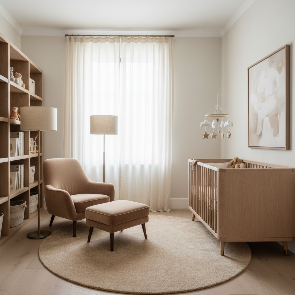 An example of an AI-generated nursery design with neutral colors and luxurious materials