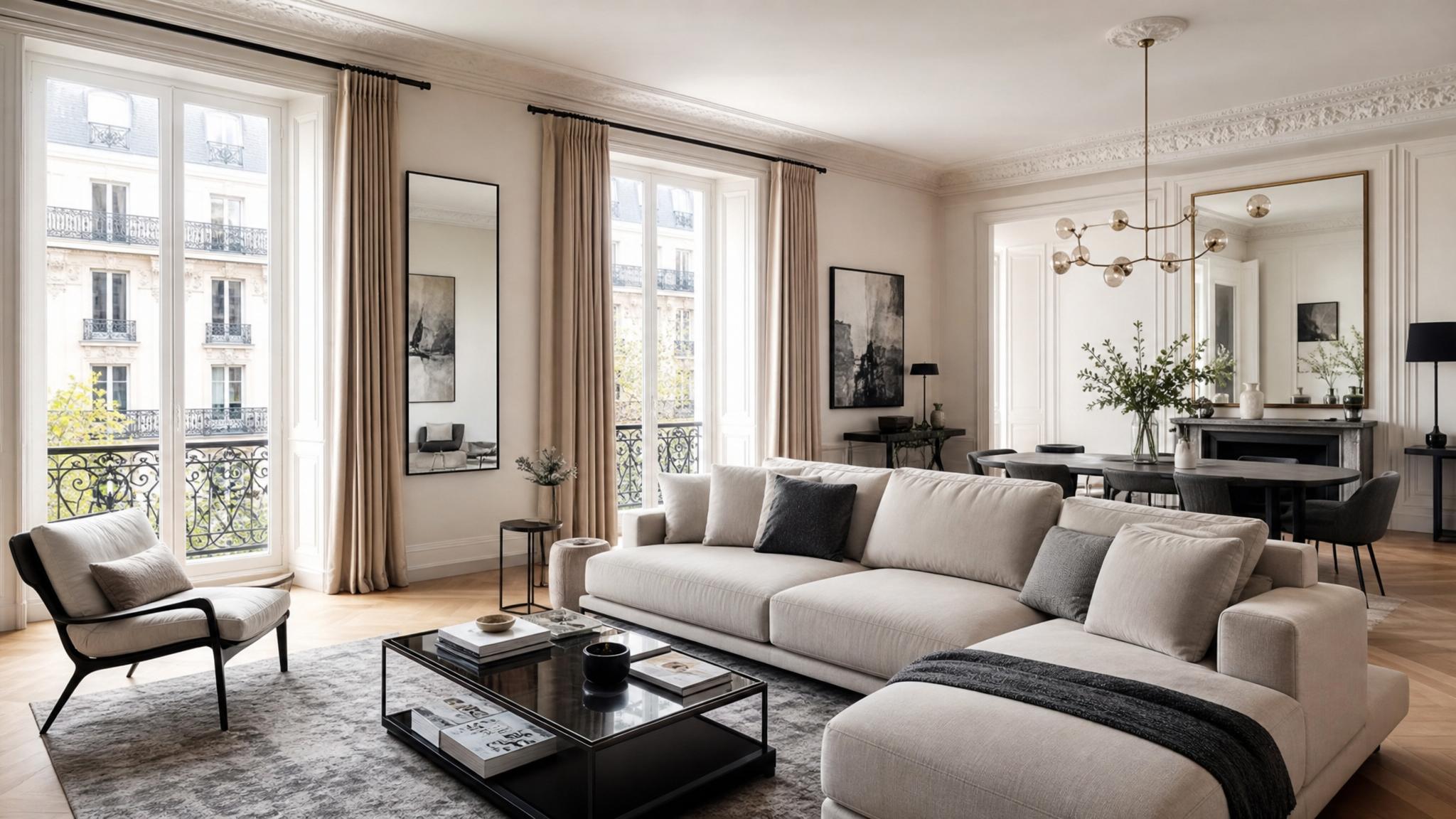 A stylish open-plan living room in a Parisian apartment featuring modern furniture and large windows.