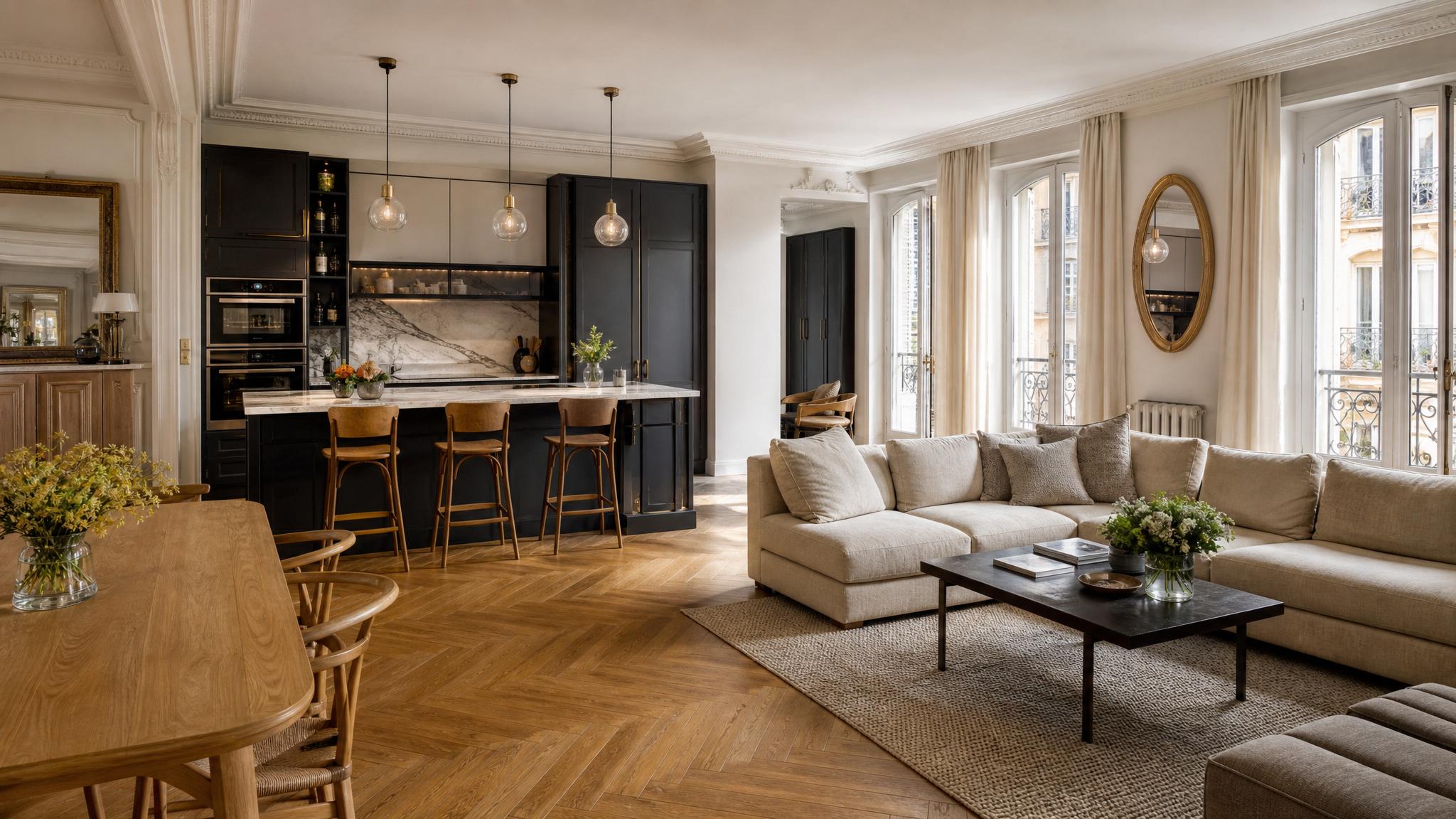 An open-plan living area merging kitchen and lounge in a chic Parisian home with stylish decor.