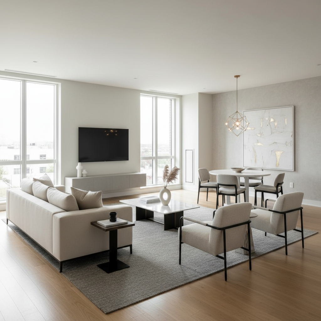 A sleek, modern open-plan living room with neutral colors and minimalist furniture.