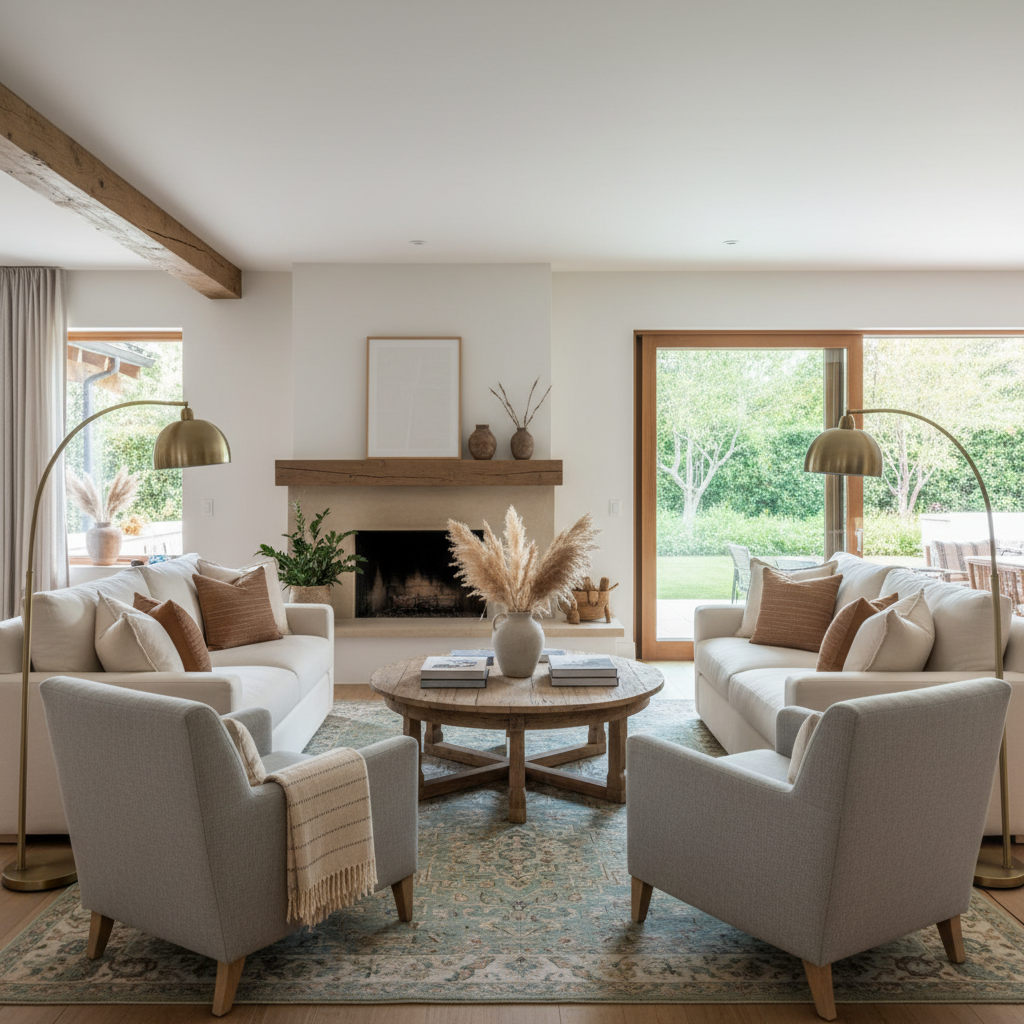 A cozy seating area in an open-plan living room with matching decor.