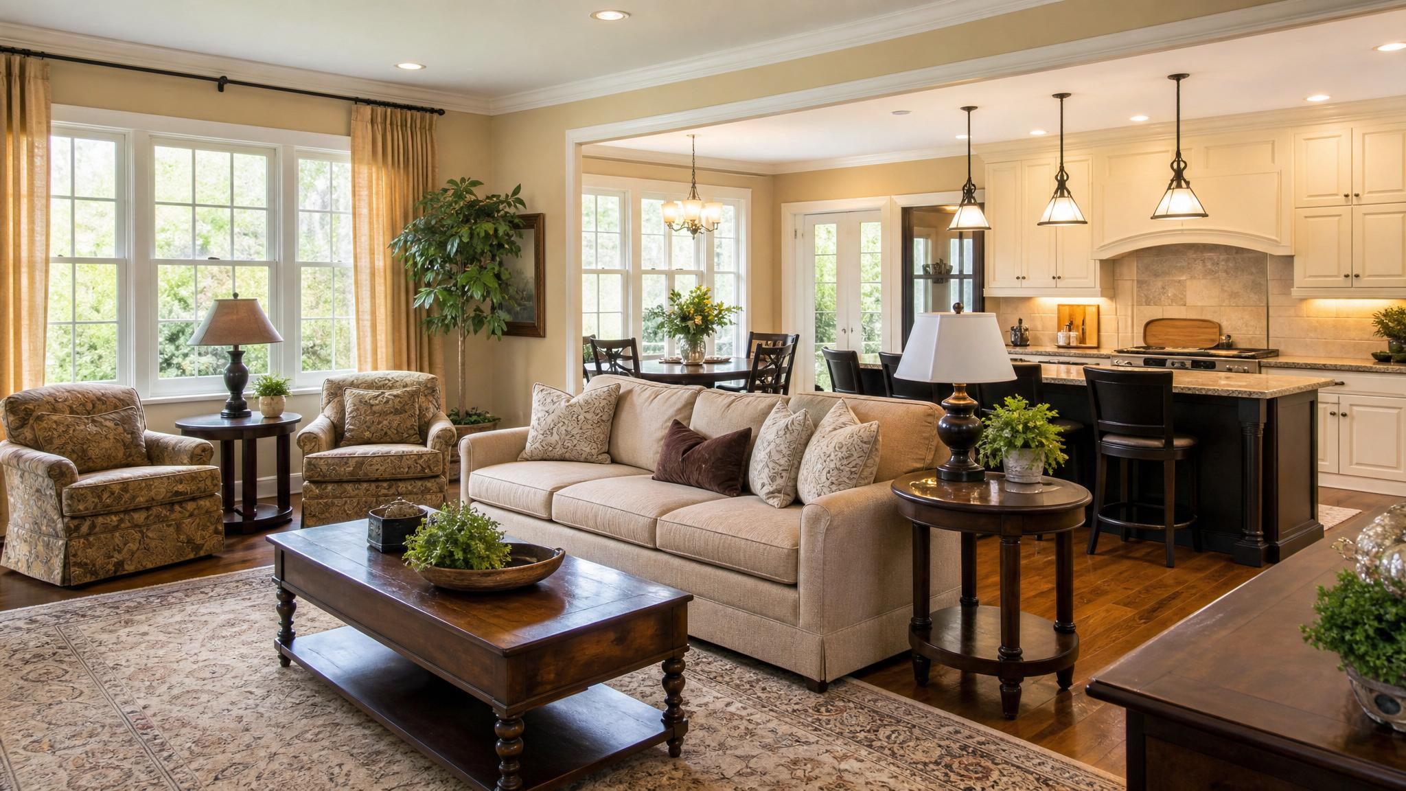 A beautifully staged traditional open-plan living room with elegant furniture and warm colors.