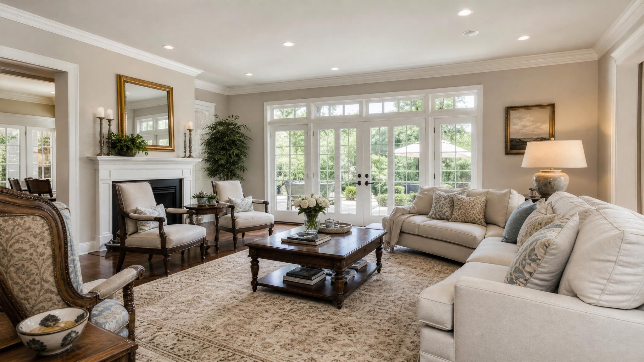 Elegant traditional furniture arrangements in a spacious living room.