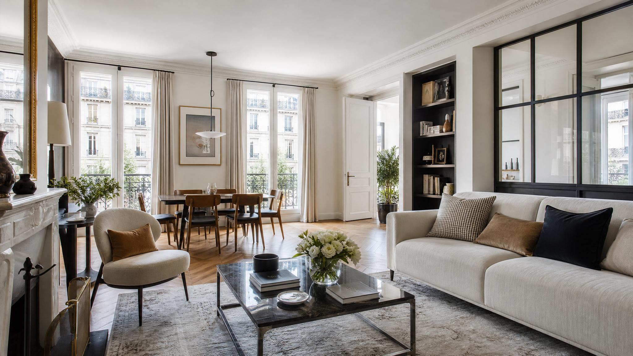 After image of the transformed Parisian living room in a condo