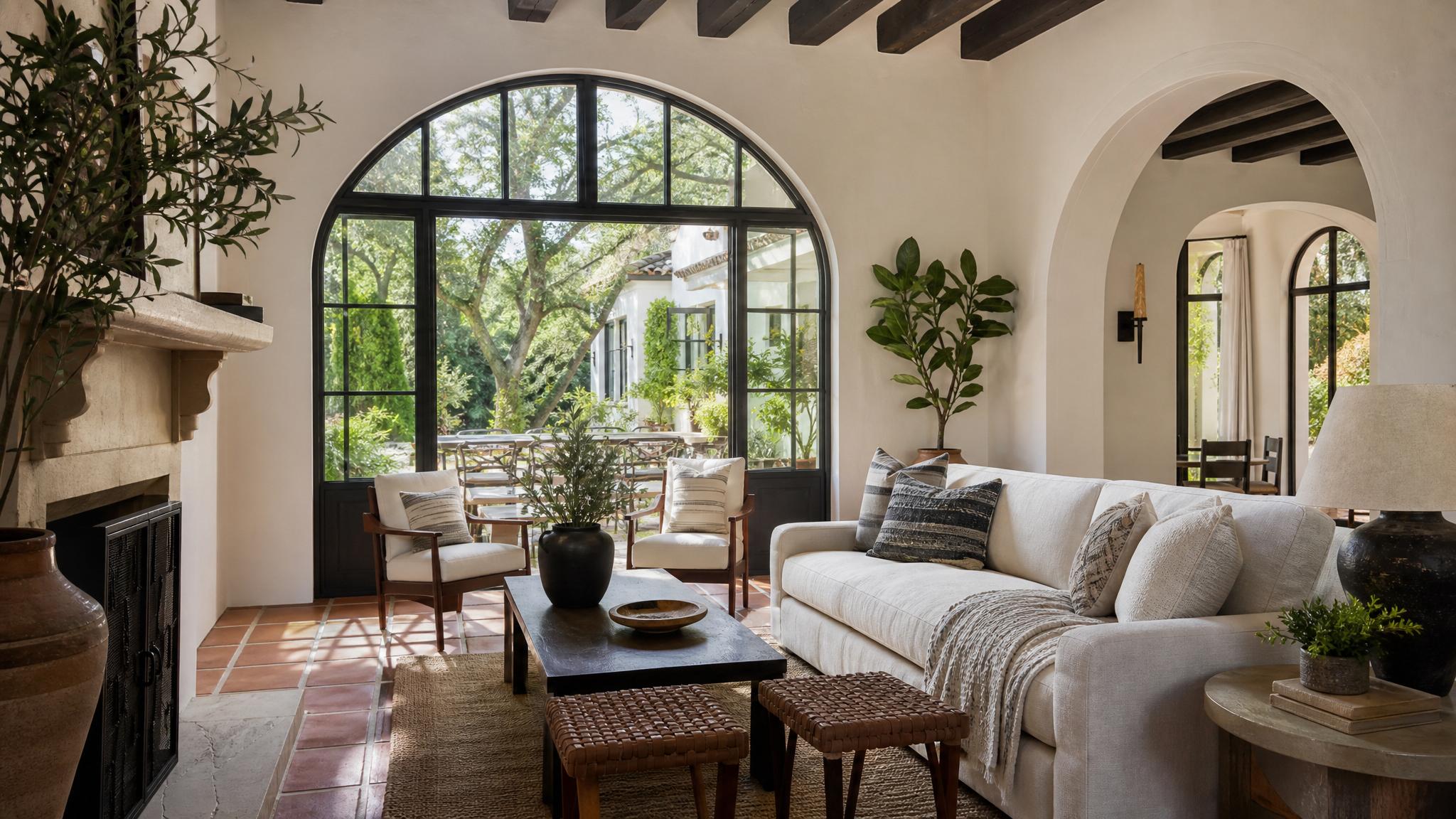Beautiful Mediterranean living room with arched windows and terracotta flooring.