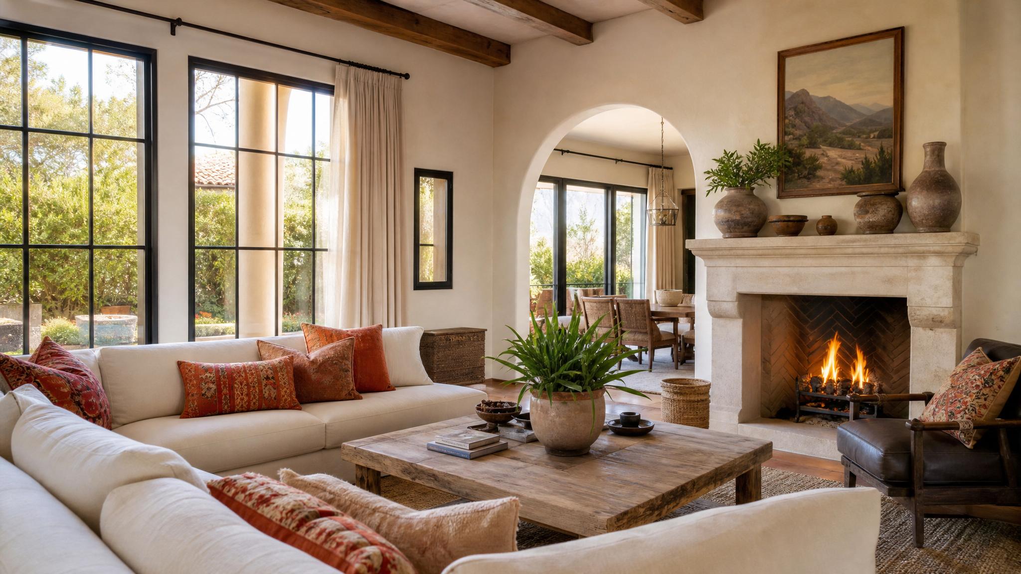 Cozy Mediterranean style living room with large windows and colorful throw pillows.
