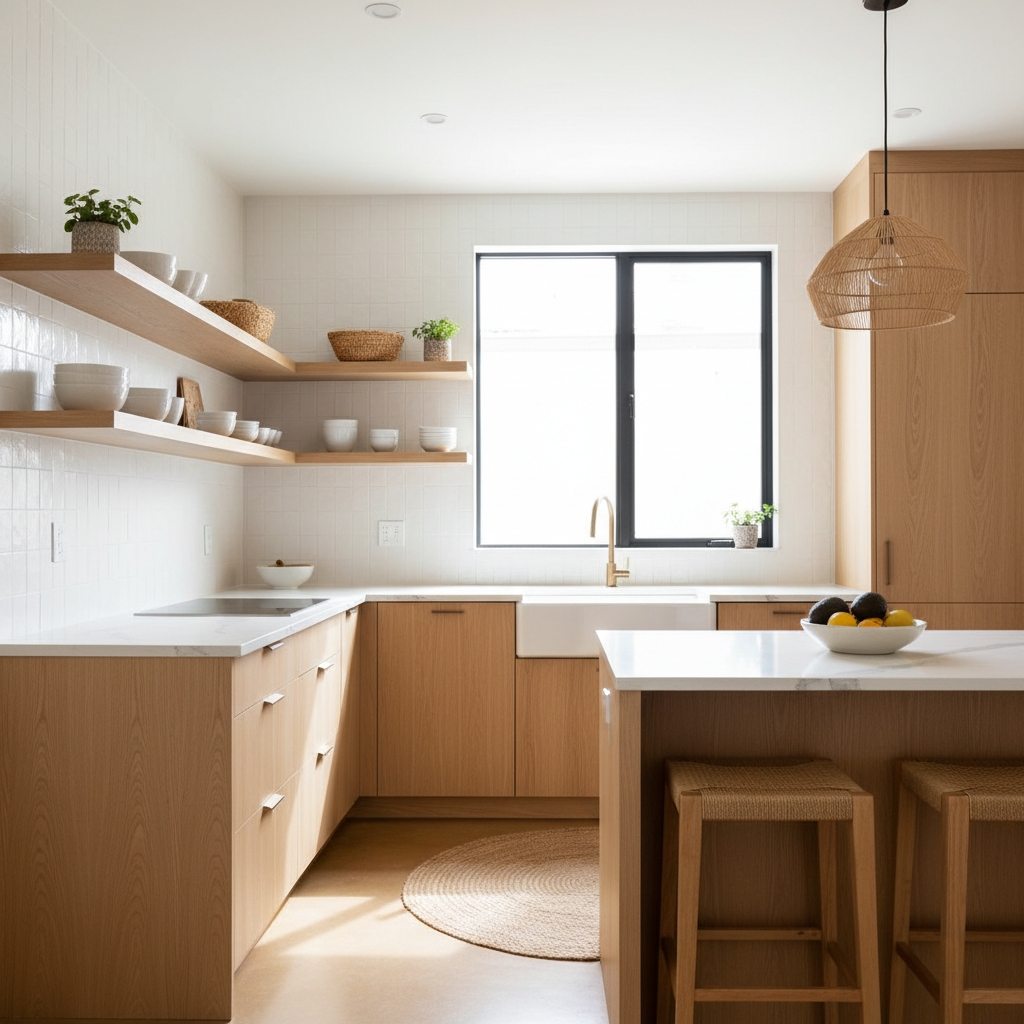 A sleek, modern small kitchen with California aesthetic highlights like light wood, open shelves, and natural light.