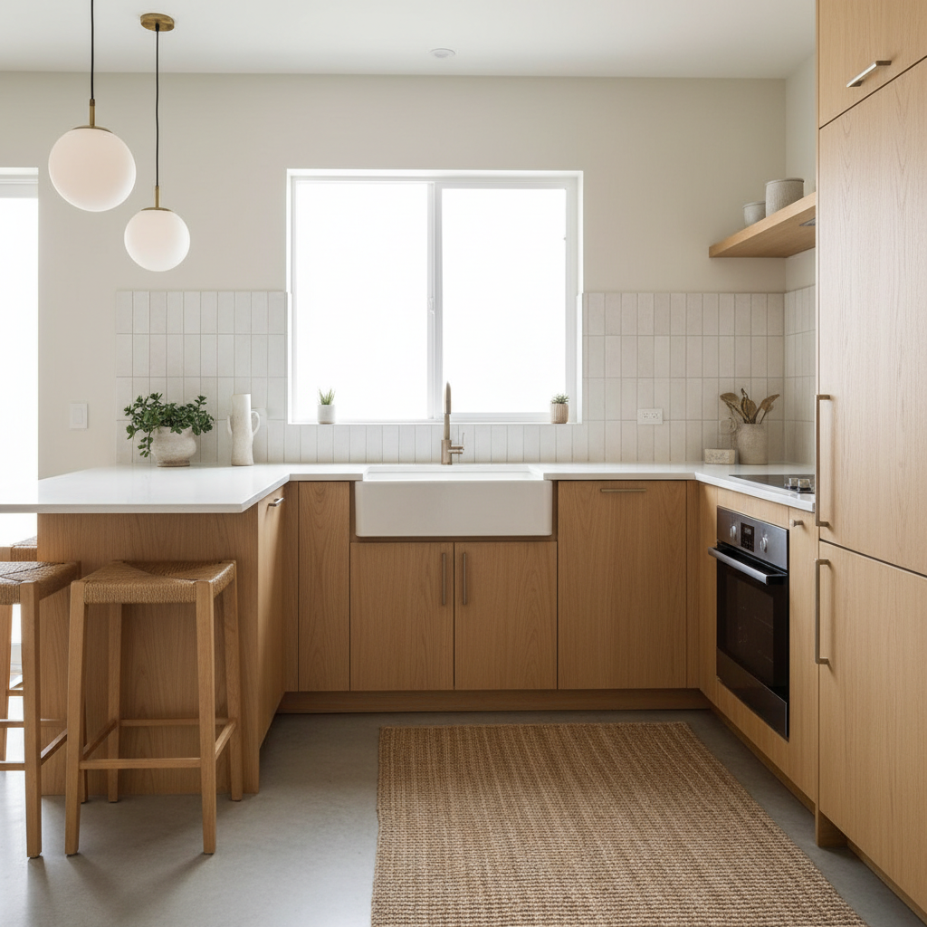 Rendering of a small kitchen layout with California modern design elements: space-efficient appliances and light colors.