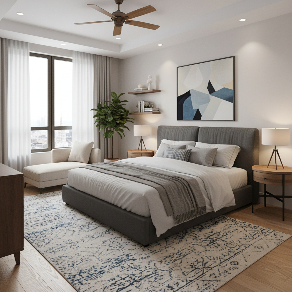 Example of a virtual staked bedroom with modern decor.