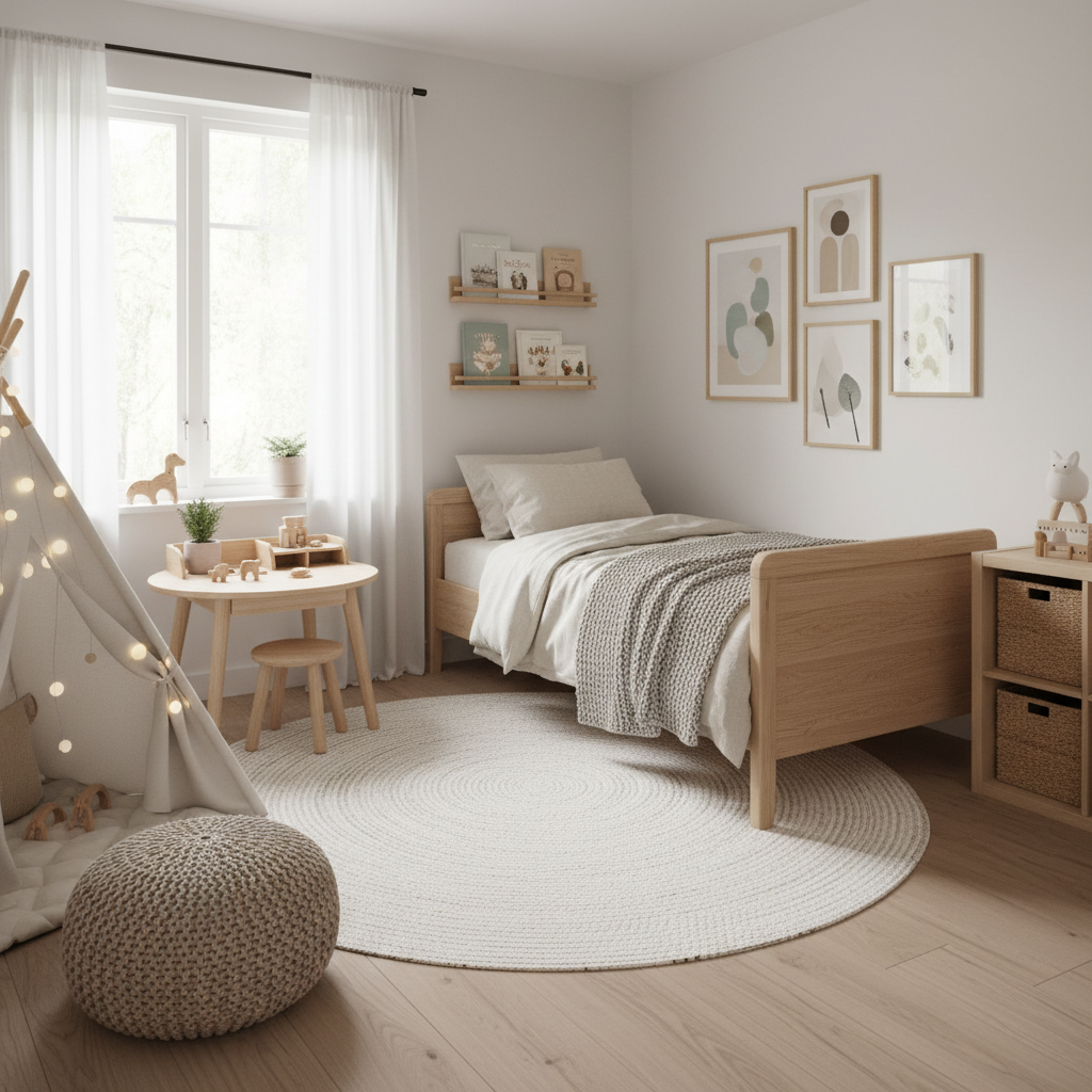 A beautifully staged Nordic kids bedroom with light wood furniture and neutral colors