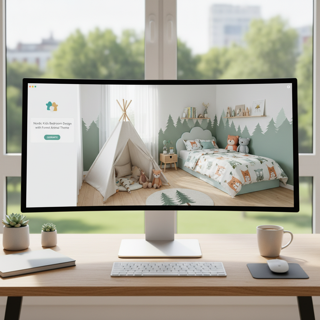 A digital workspace showing AI tool generating a Nordic kids bedroom design