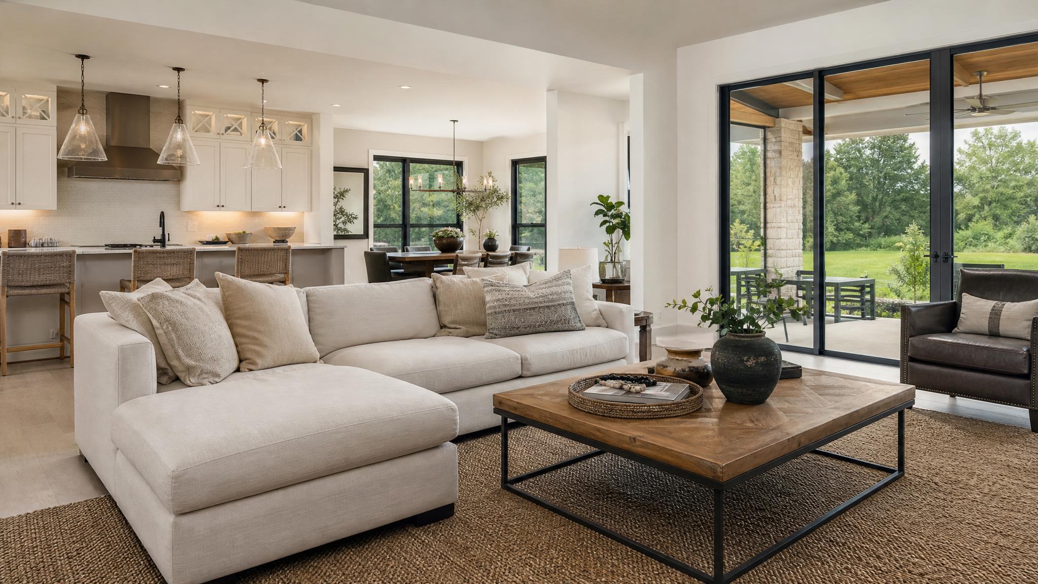 An elegant open-plan living room showcasing quiet luxury with tasteful furnishings.