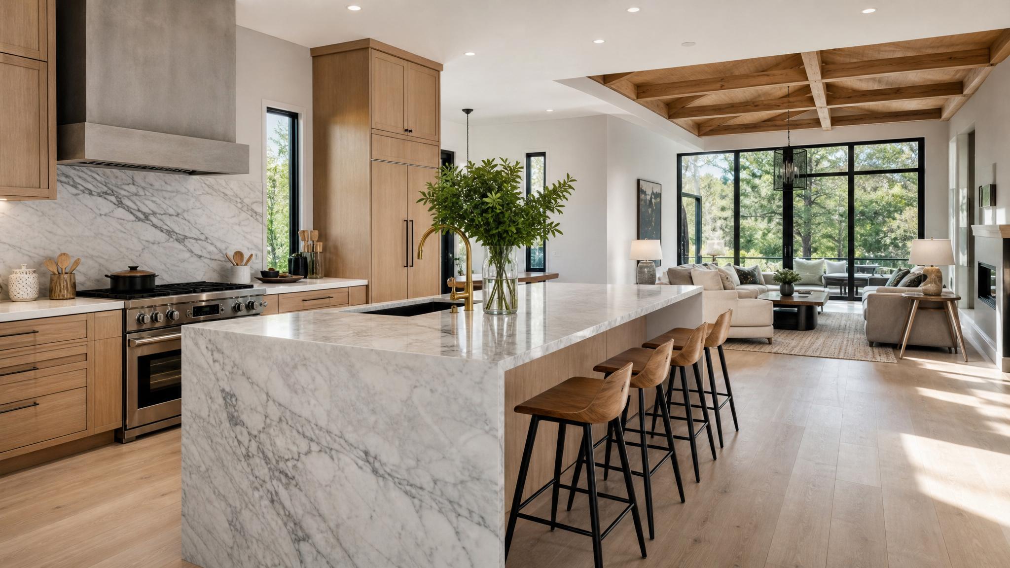 A modern open-plan layout showcasing a statement piece in the center, emphasizing spaciousness.
