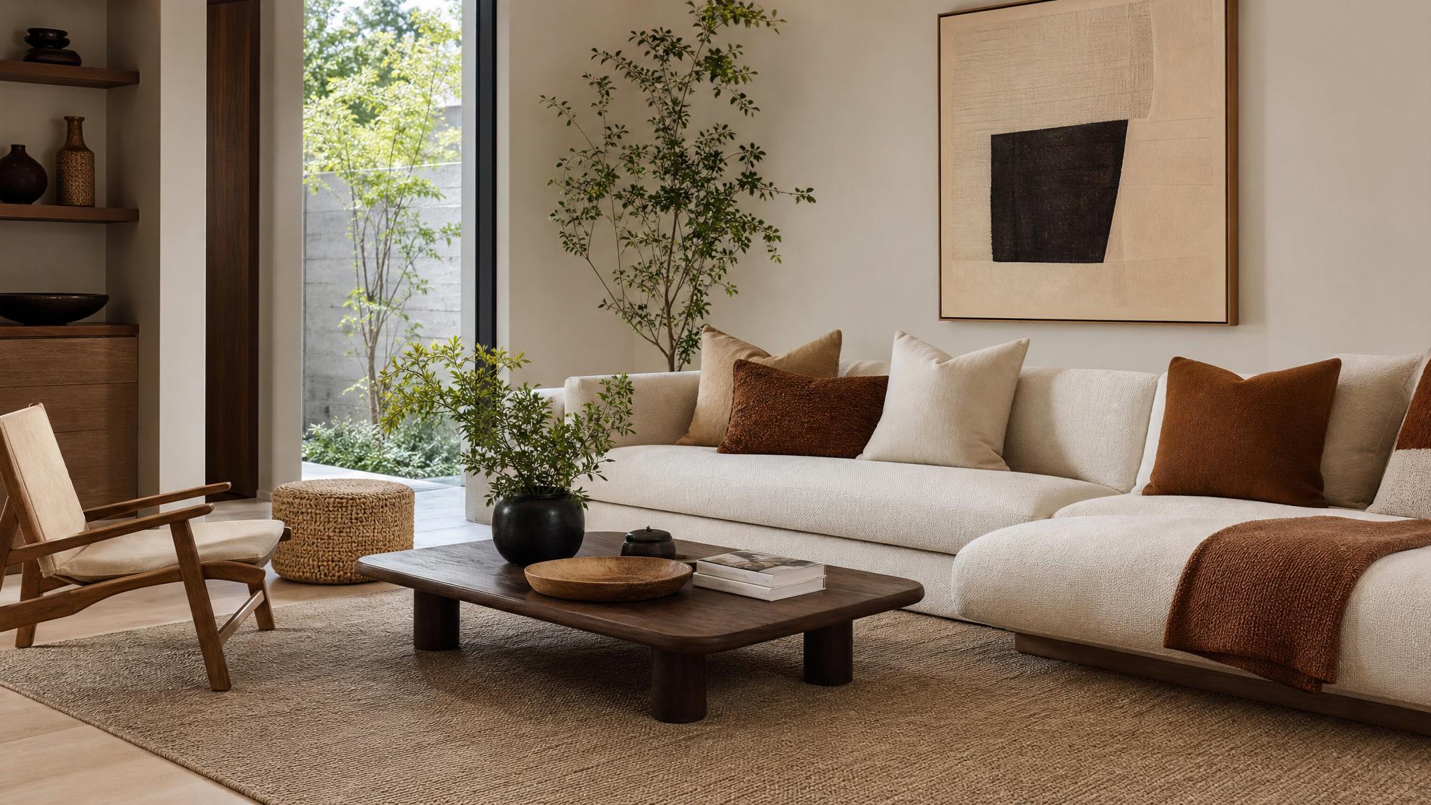 Image of a Japandi style living room with warm textiles