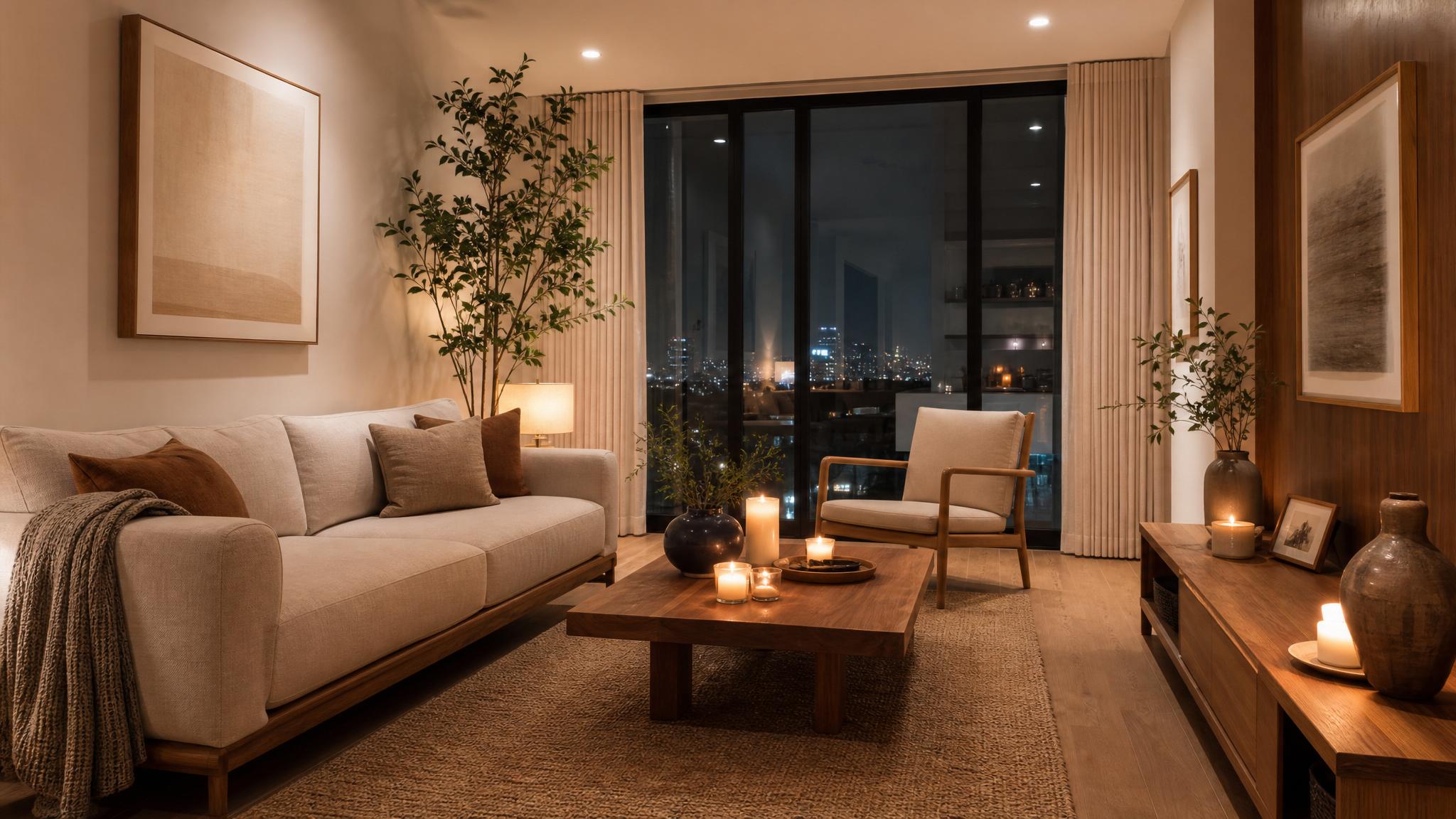 Cozy Japandi living room stage with candles and warm lights