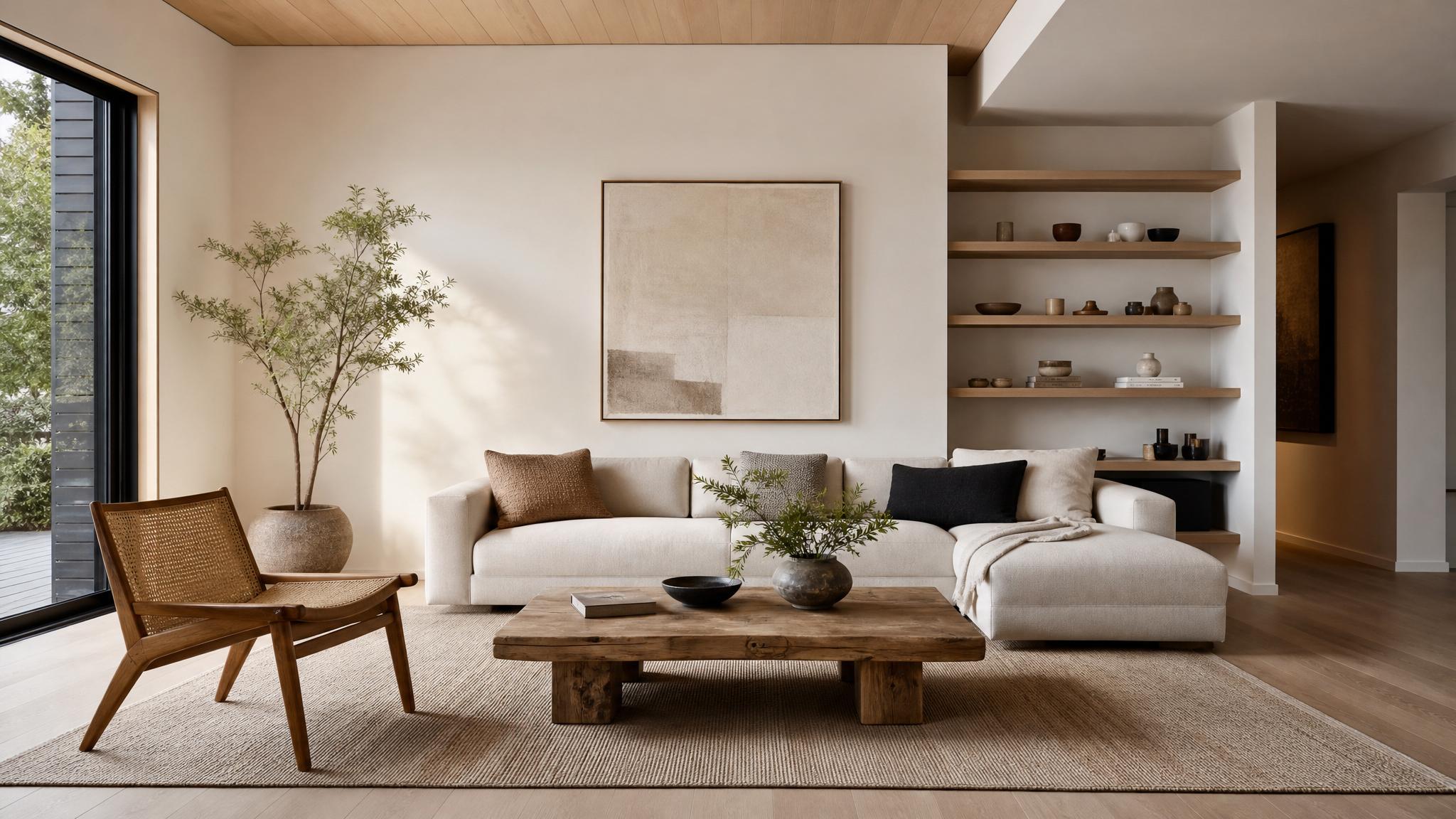 Stylishly staged Japandi living room with minimal decor