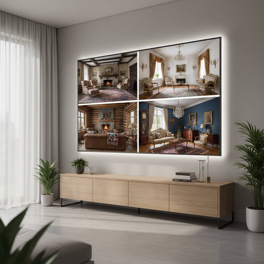 Screen showing AI-generated designs for traditional living rooms.