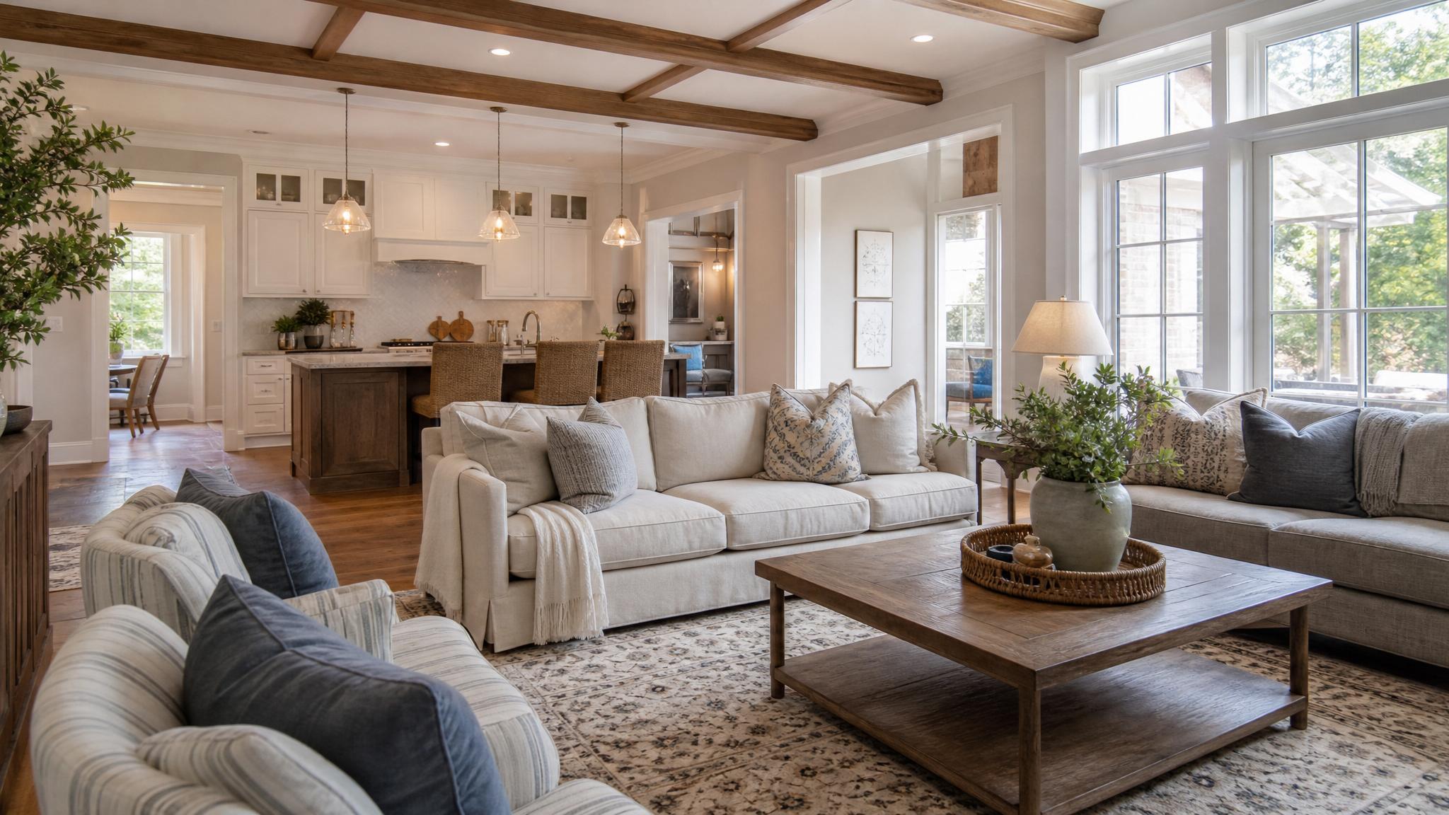 Traditional open-plan living room with layered textiles