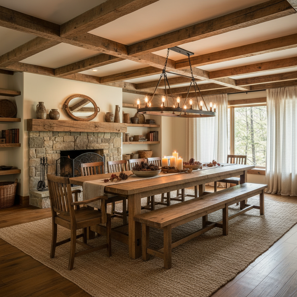A rustic dining room showcasing wood beams, a large wooden table, and natural decor.