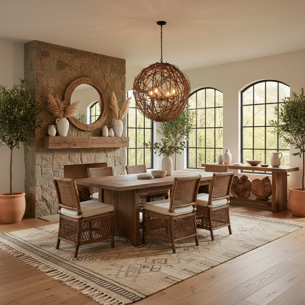 An AI-generated image of a rustic dining room designed with natural elements.
