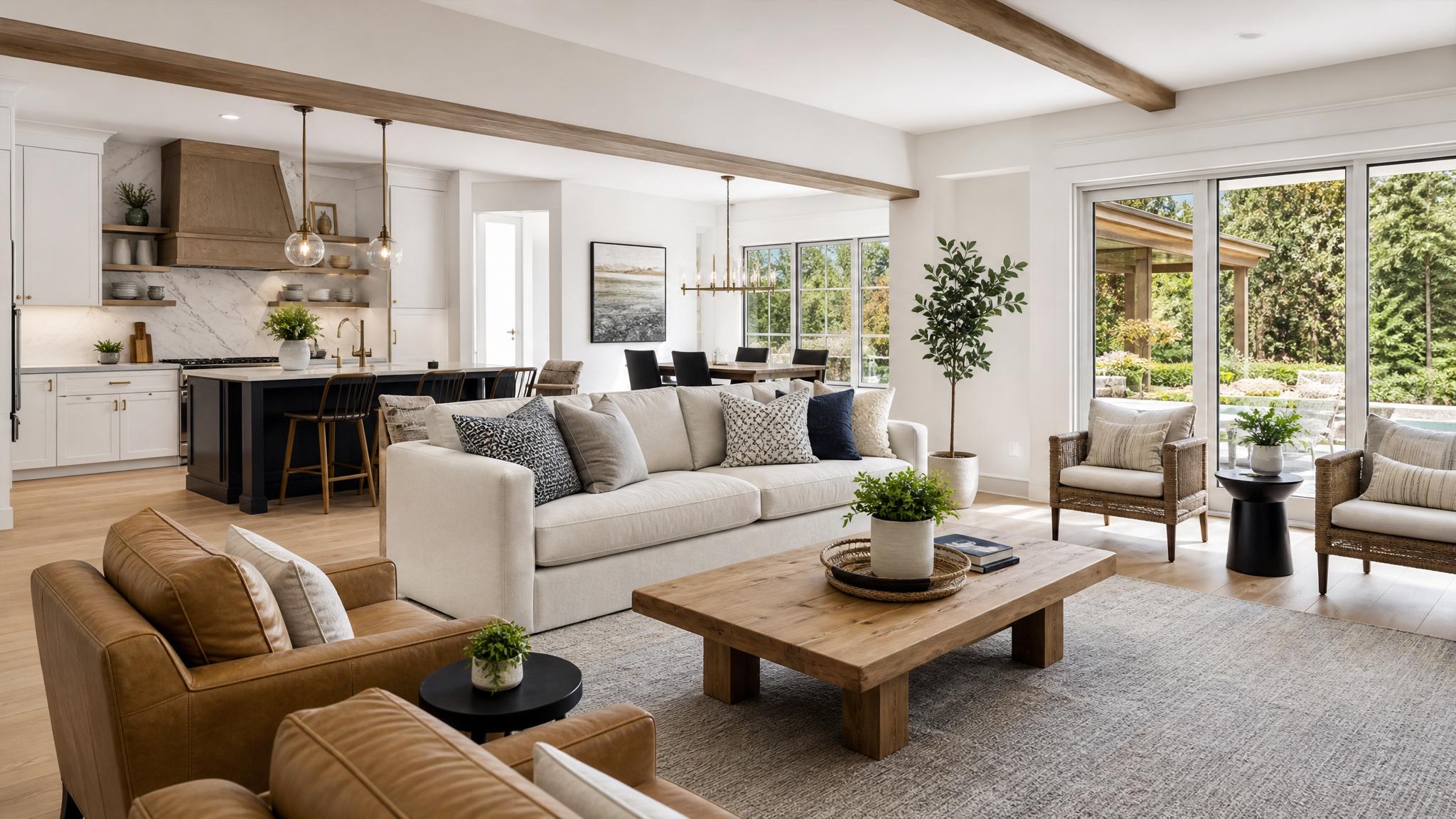 Bright and airy open-plan living room after redesign
