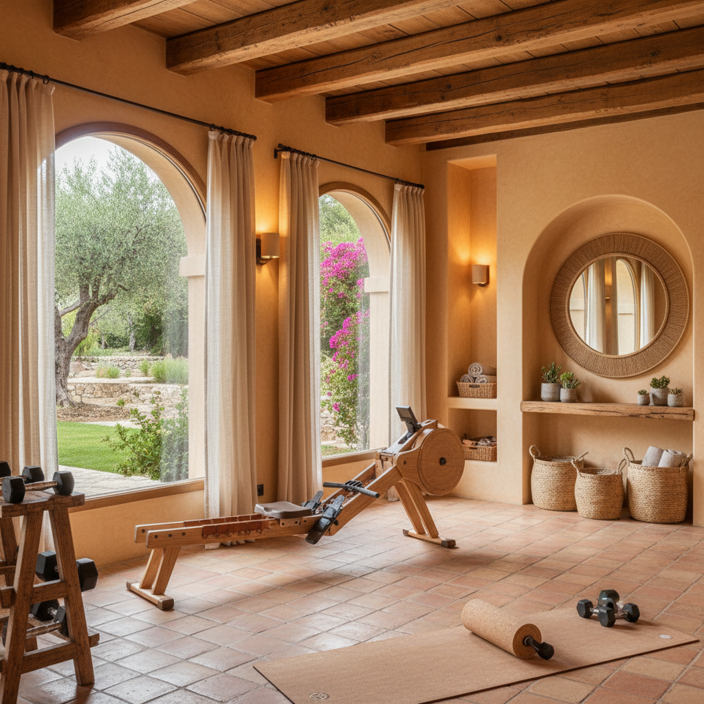 A beautiful Mediterranean home gym with warm colors and natural materials.