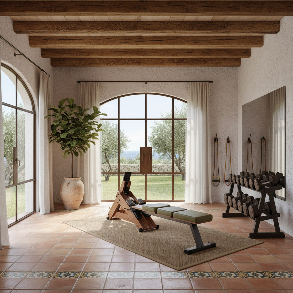 Showcasing a well-designed Mediterranean home gym with fitness equipment.
