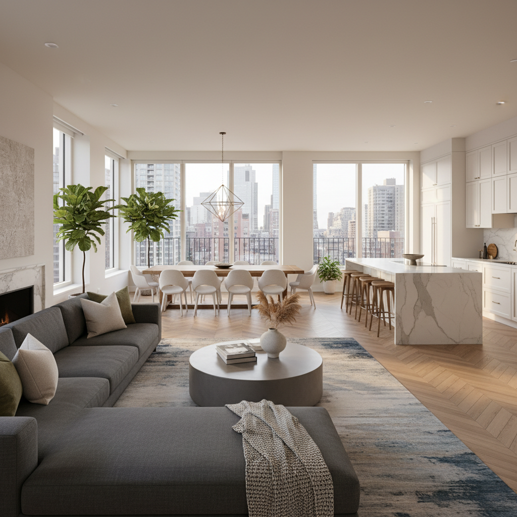 Wide-angle shot of an open-plan living room