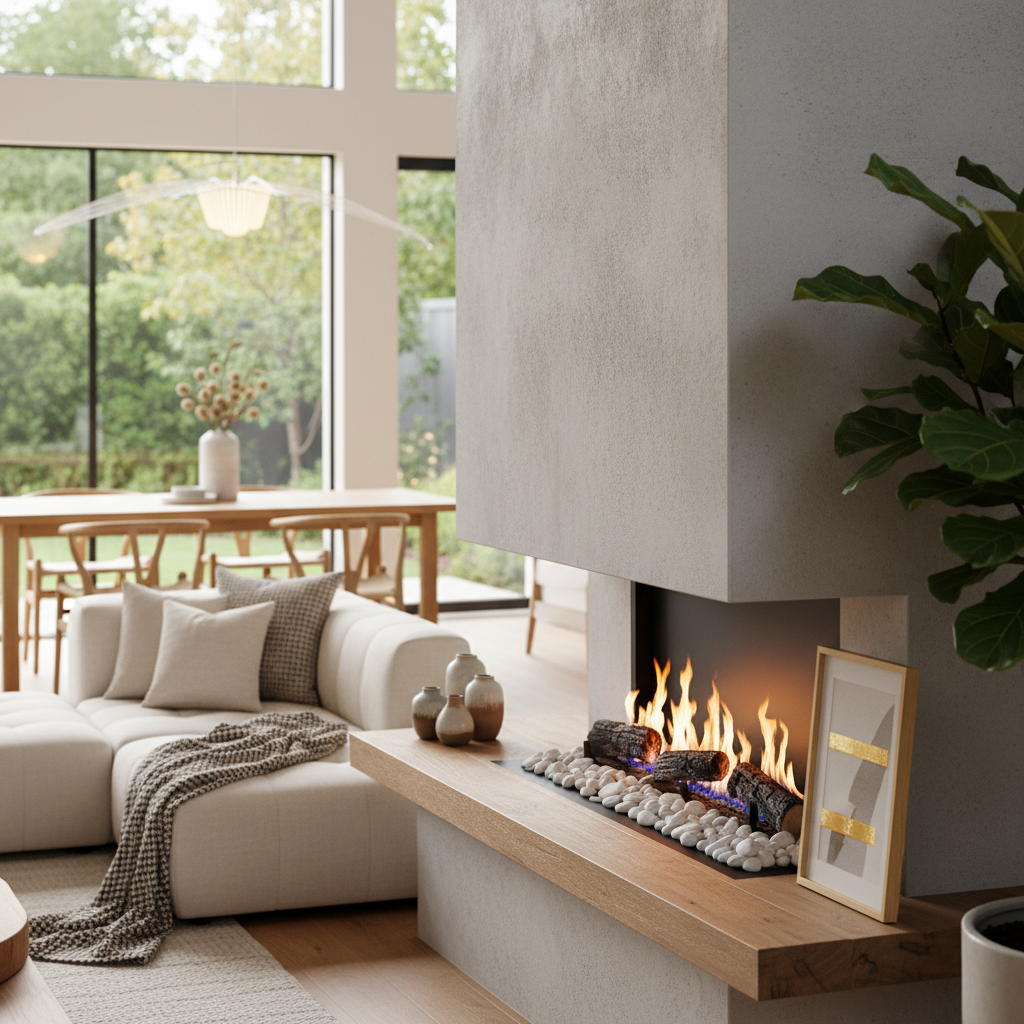 Close-up shot of a fireplace in an open-plan living room