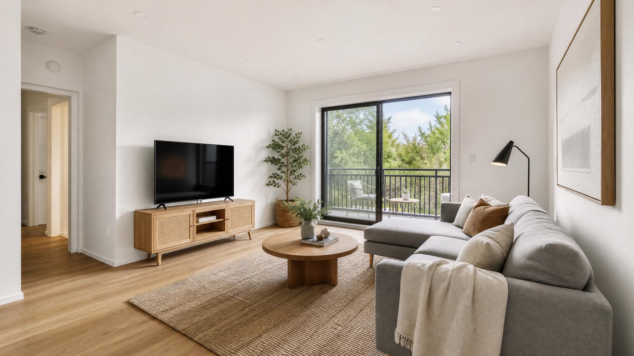 A beautifully minimalist small living room with subtle decor and a spacious feel.