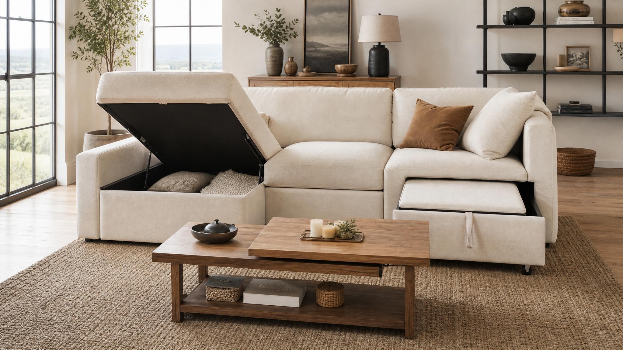 A minimalist furniture arrangement showcasing multi-functional pieces.