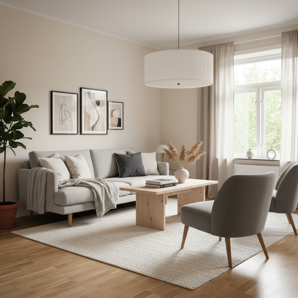 A beautifully staged Scandinavian living room with neutral colors and minimalist furniture.