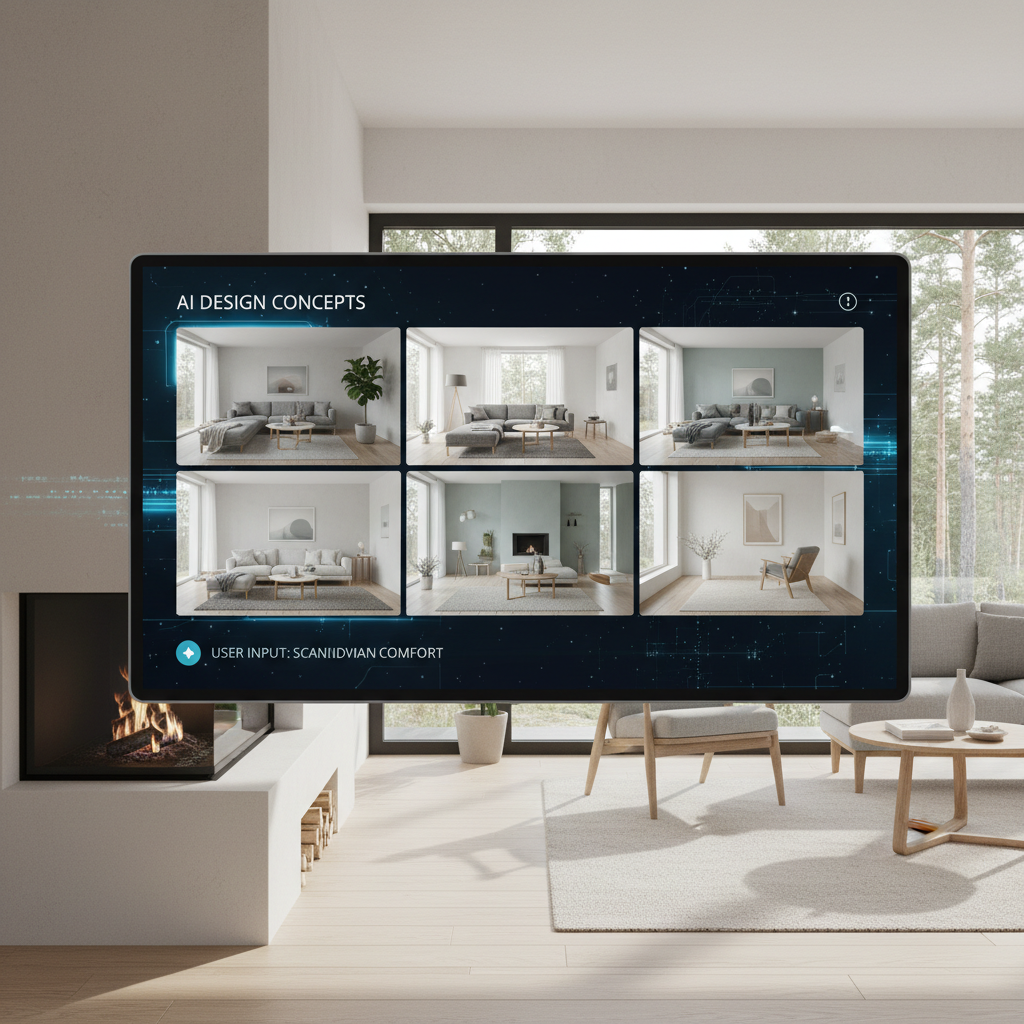 AI interface showcasing various Scandinavian living room designs based on user input.
